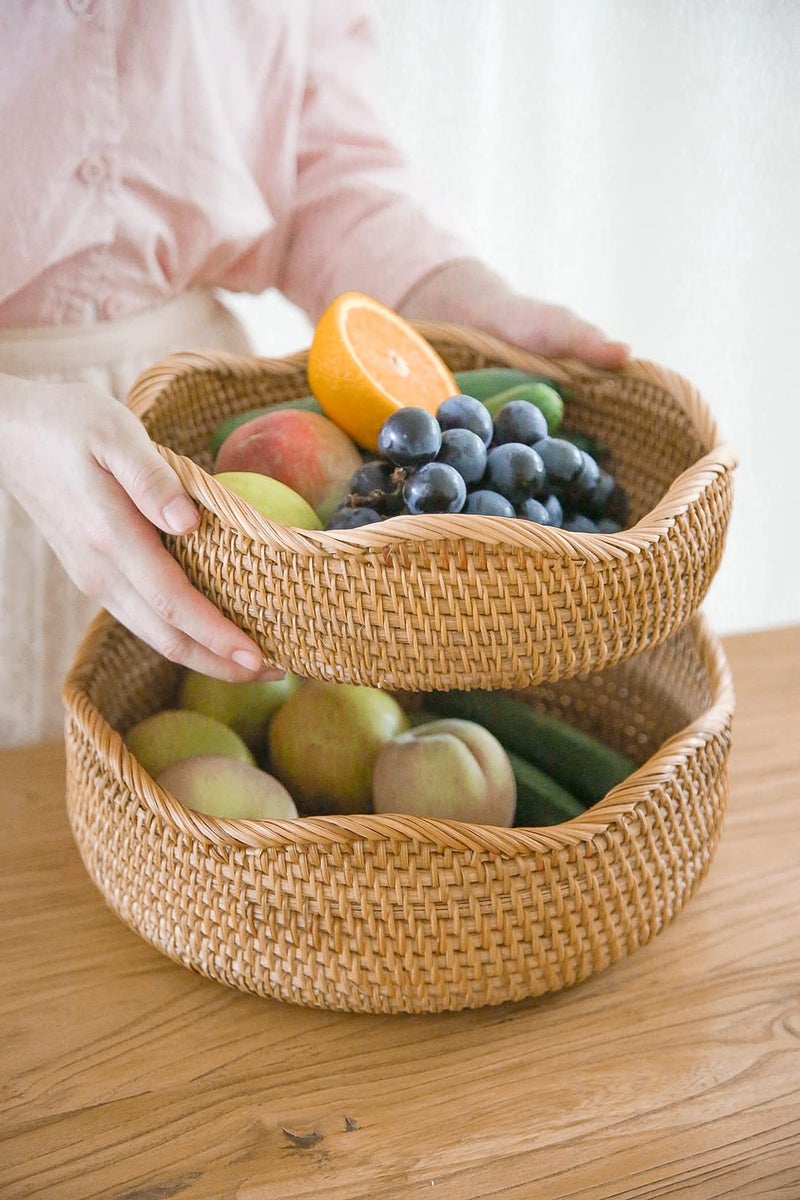 HITOMEN Handmade Rattan Bread Baskets Round Wicker Fruit Serving Storage Bowls, Natural Woven Decorative Kitchen Counter Organizing (Honey Brown) M-10.2" - Image 3